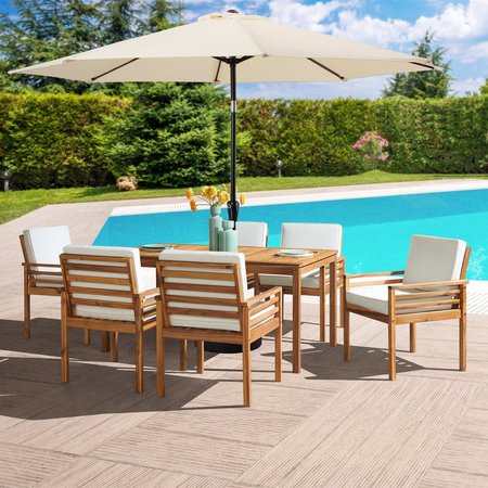 ALATERRE FURNITURE 8 Piece Set, Okemo Table with 6 Chairs, 10-Foot Auto Tilt Umbrella Tan ANOK01RD05S6